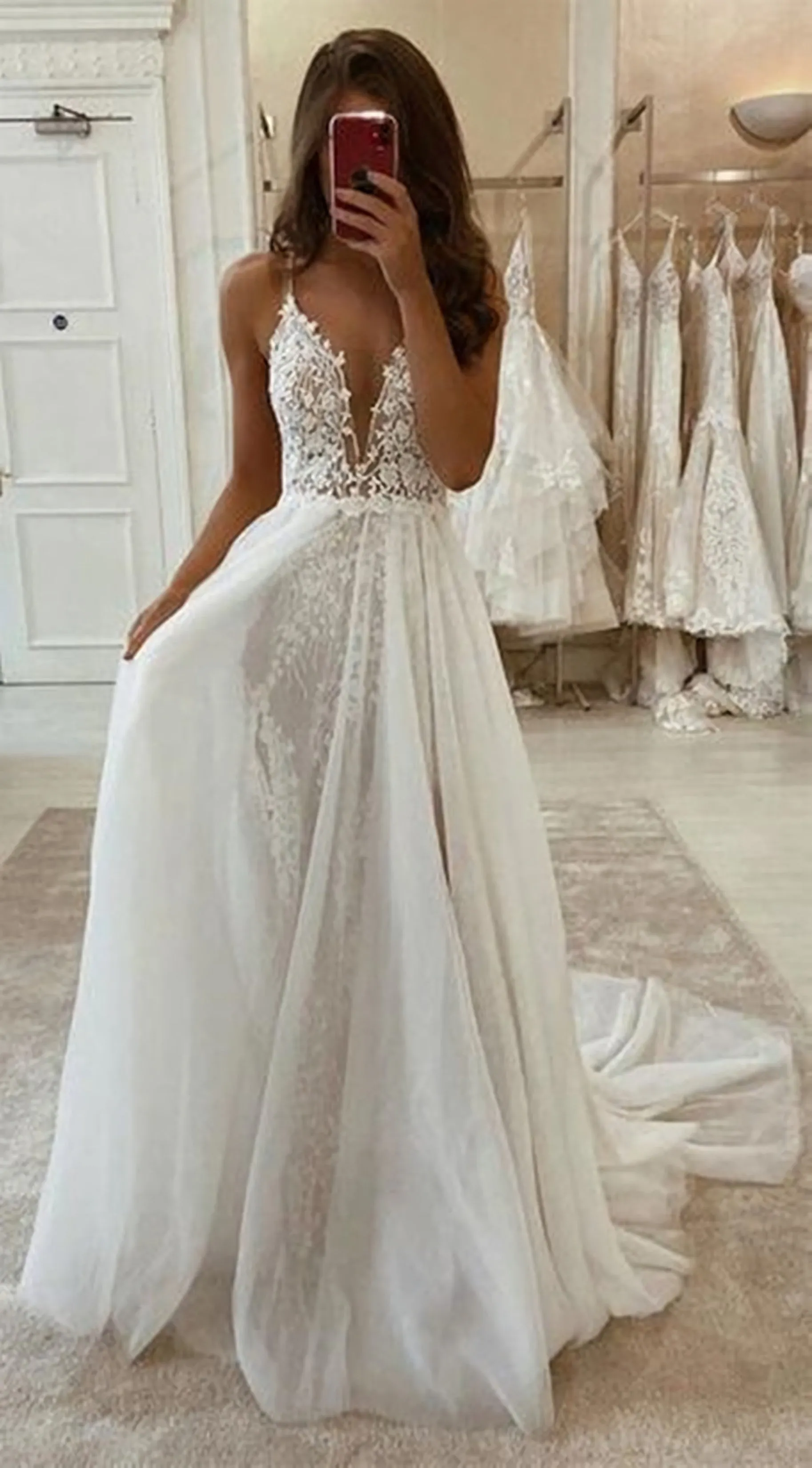 A Line V Neck Ivory Lace Long Evening Wedding Dress With High Slit Ivory Lace Formal Dresses