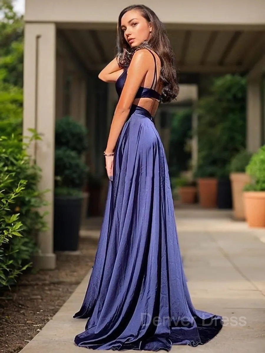 A-Line V-neck Sweep Train Silk like Satin Evening Dresses With Leg Slit