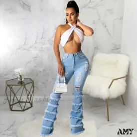 Amy Fashion - Tassel Thousand Layers Flared Design Light Blue Ripped Fashion Wide Leg Ladies Jean