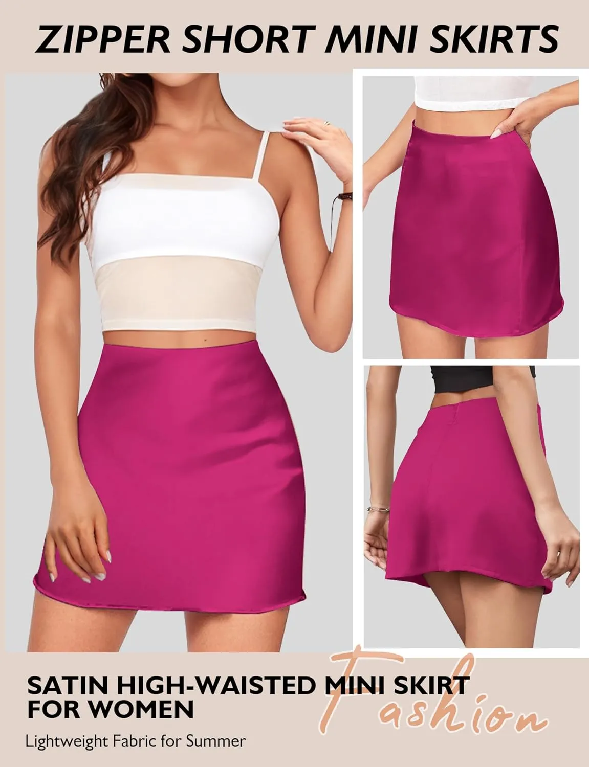 AURUZA Mini Satin Skirts for Women Trendy, High Waisted Womens Short Skirts, Elegant Zipper Flared Elastic A-line Silk Skirts