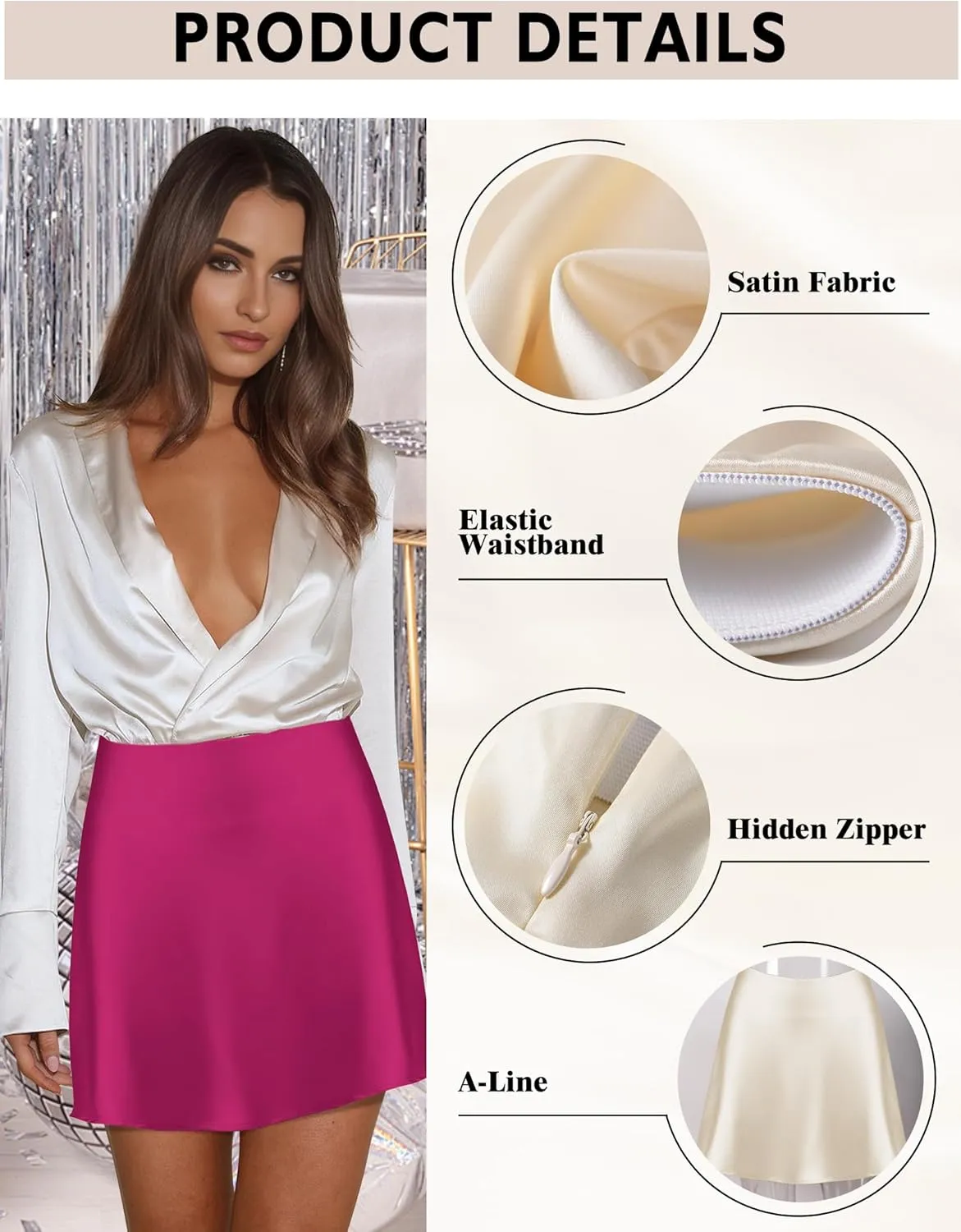 AURUZA Mini Satin Skirts for Women Trendy, High Waisted Womens Short Skirts, Elegant Zipper Flared Elastic A-line Silk Skirts