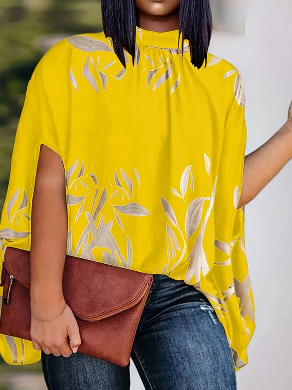 Batwing Sleeves Half Sleeves Pleated Printed Mock Neck Blouses&Shirts Tops