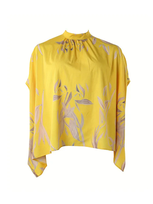 Batwing Sleeves Half Sleeves Pleated Printed Mock Neck Blouses&Shirts Tops