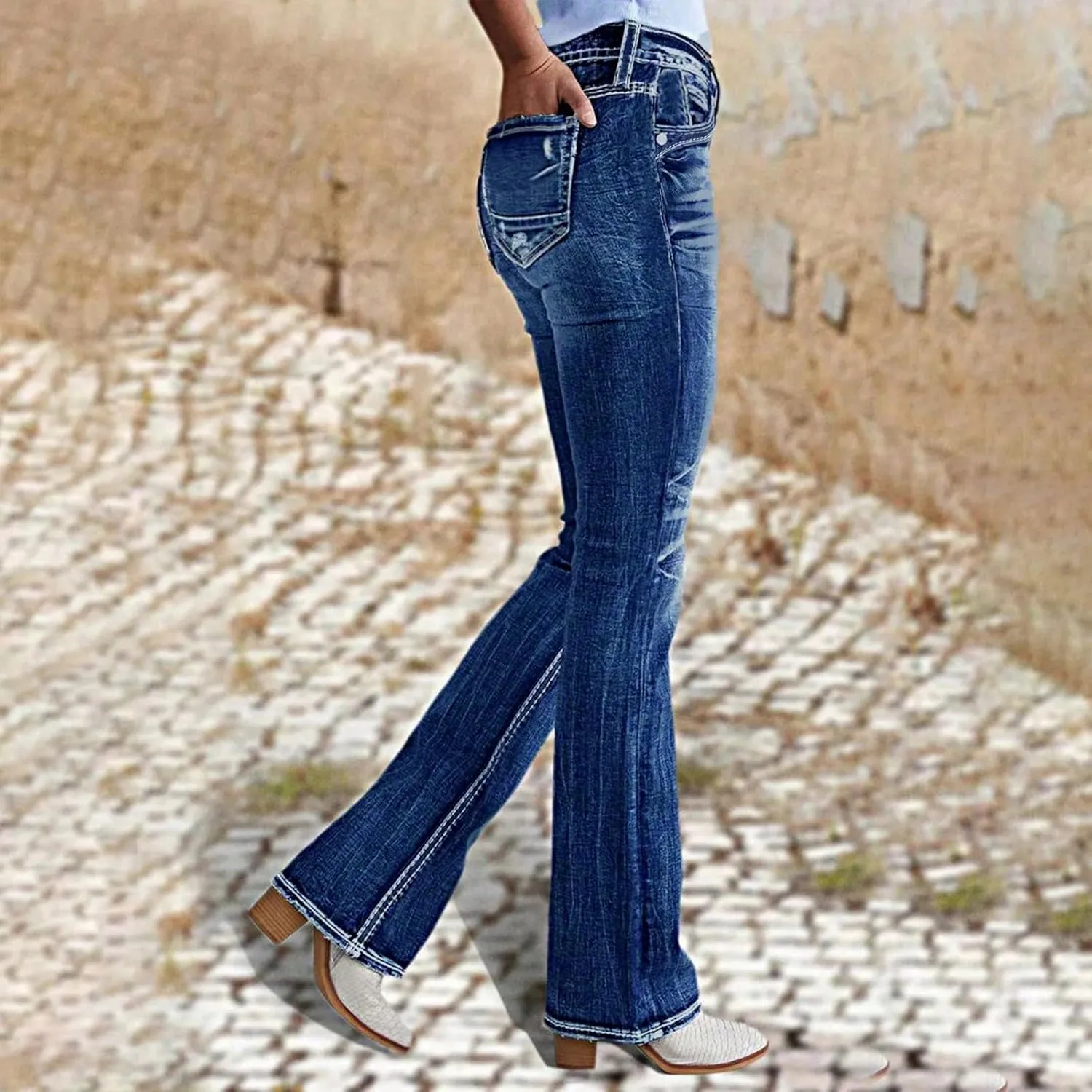 Bell Bottom Jeans for Women Vintage Stretchy Bootcut Wide Leg Low Rise Jeans Distressed Wash Flare Ankle Denim Pants