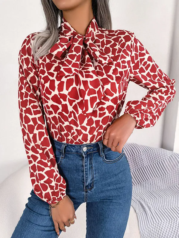 Bishop Sleeve Long Sleeves Bow-Embellished Elasticity Tied Mock Neck Blouses&Shirts Tops
