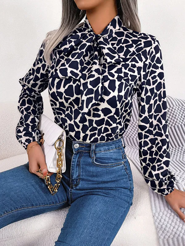 Bishop Sleeve Long Sleeves Bow-Embellished Elasticity Tied Mock Neck Blouses&Shirts Tops