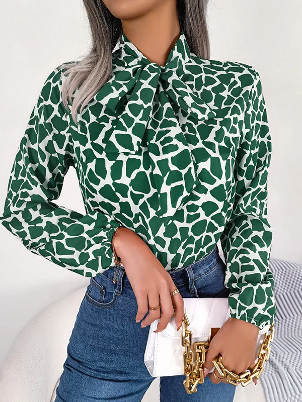 Bishop Sleeve Long Sleeves Bow-Embellished Elasticity Tied Mock Neck Blouses&Shirts Tops