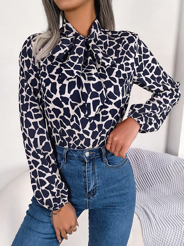 Bishop Sleeve Long Sleeves Bow-Embellished Elasticity Tied Mock Neck Blouses&Shirts Tops