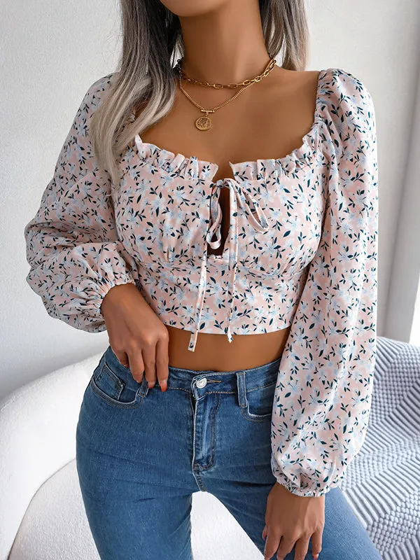 Bishop Sleeve Long Sleeves Elasticity Flower Print Tied Deep V-Neck Blouses&Shirts Tops