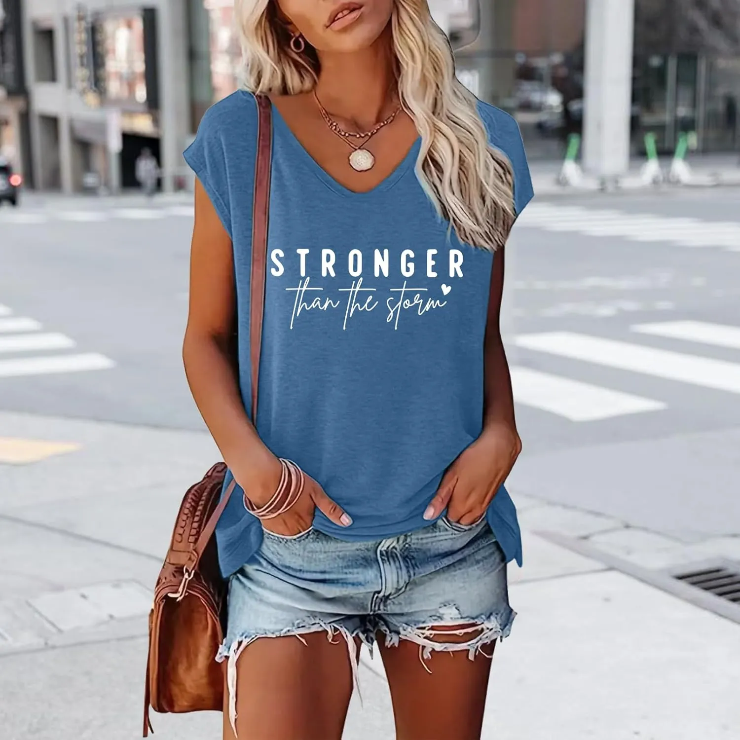 BLACKMYTH Women's Graphic Tees V-Neck Stronger Cap Sleeve T-Shirts