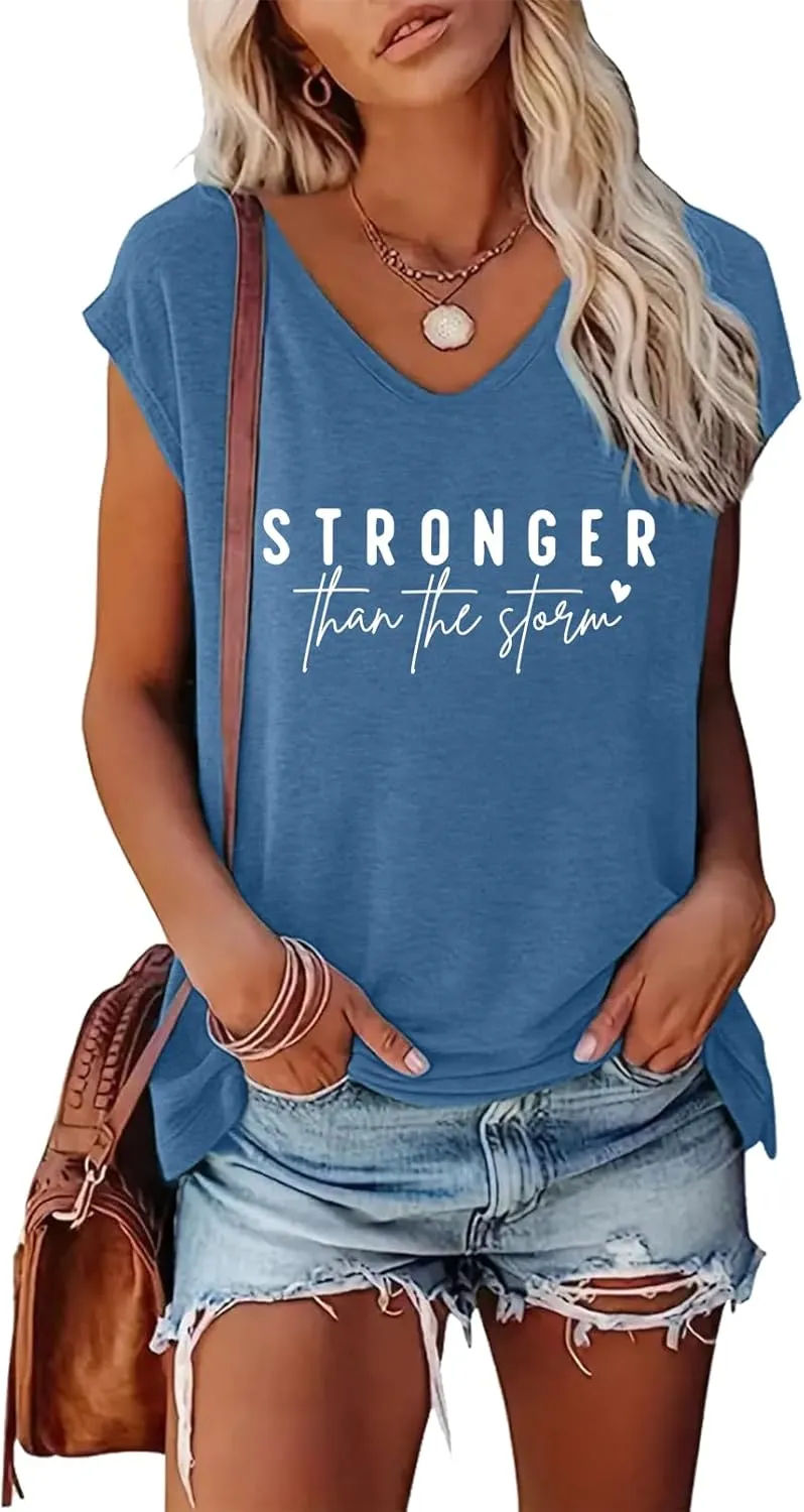 BLACKMYTH Women's Graphic Tees V-Neck Stronger Cap Sleeve T-Shirts