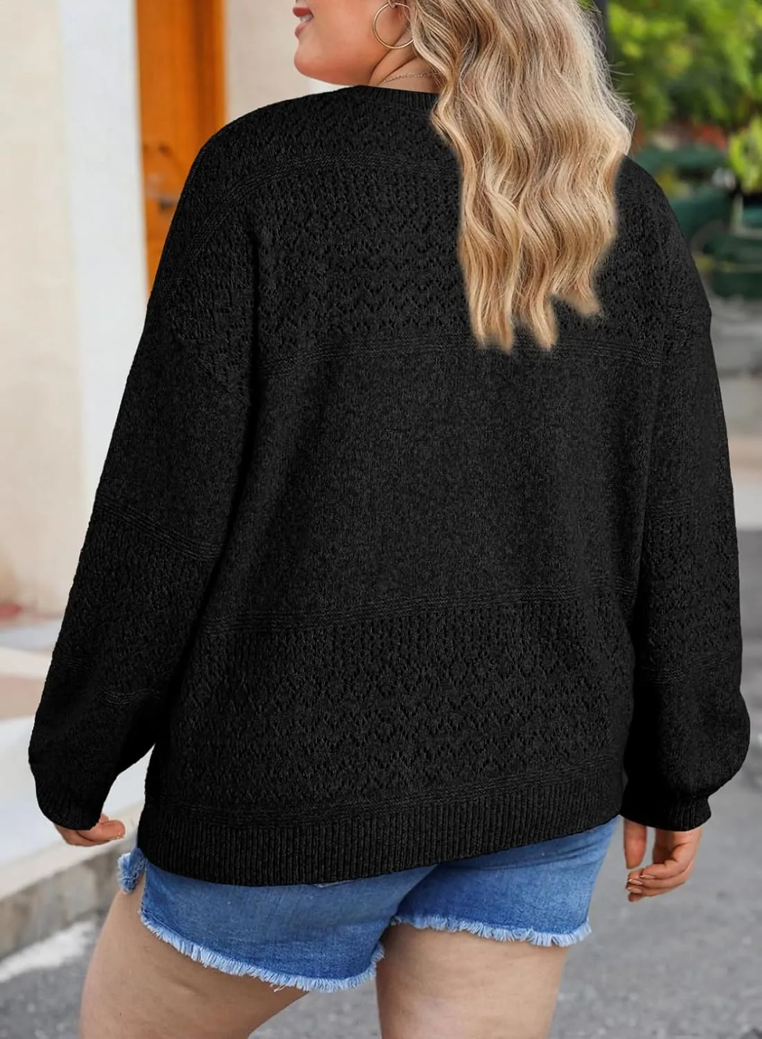 Eytino Womens Plus Size Sweater Casual Long Sleeve V Neck Crochet Knit Lightweight Pullover Sweater Tops(1X-5X)