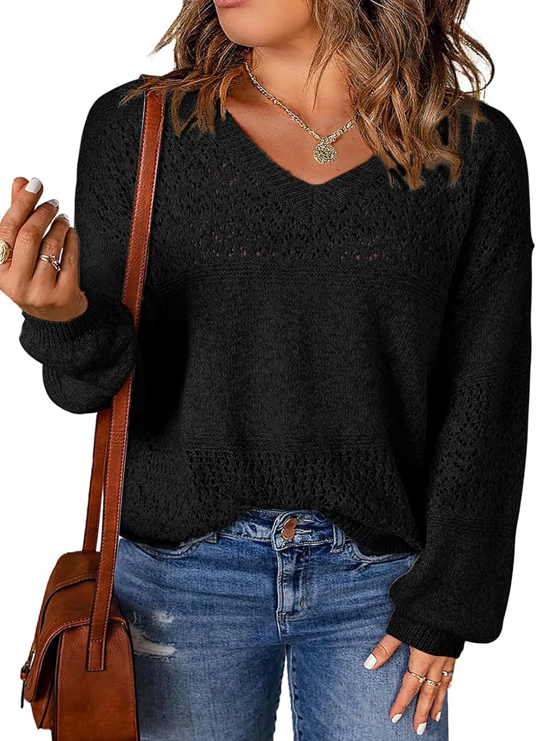 Eytino Womens Plus Size Sweater Casual Long Sleeve V Neck Crochet Knit Lightweight Pullover Sweater Tops(1X-5X)