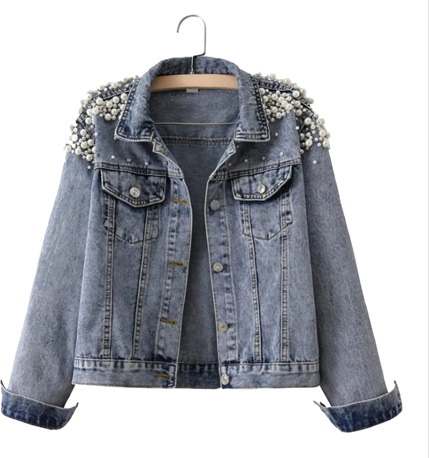 Fall Womens Clothes Women's Pearls Beading Denim Jackets Slim Embroidered Short Jean Coat Outerwear Denim Jean
