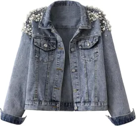 Fall Womens Clothes Women's Pearls Beading Denim Jackets Slim Embroidered Short Jean Coat Outerwear Denim Jean