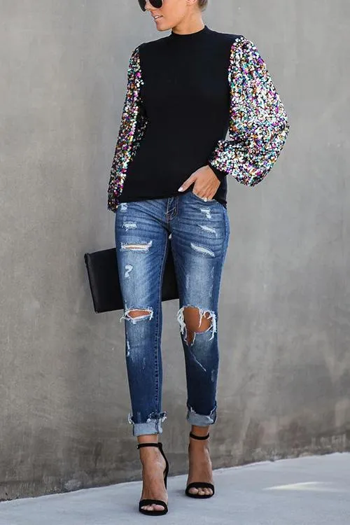 Febedress Sequin Lantern Sleeve Festive Blouses