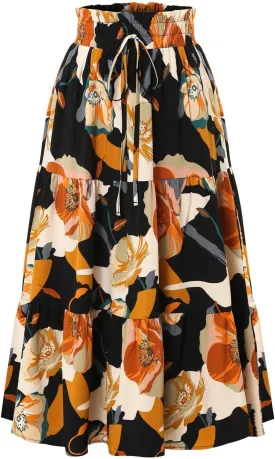 Floral Midi Skirts for Women High Waisted Boho Pleated Tiered Skirt Elegant Ruffle Hem Drawstring A Line Skater Skirt
