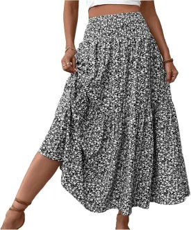 Floral Skirts for Women Summer Flowy Tiered Elastic High Waisted Print Swing Skirt Vacation A-Line Long Midi Skirts