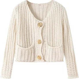 Flygo Cropped Cardigan Sweaters for Women Long Sleeve Cable Knit Cardigan Open Front Chunky Cardigan Sweaters with Pockets