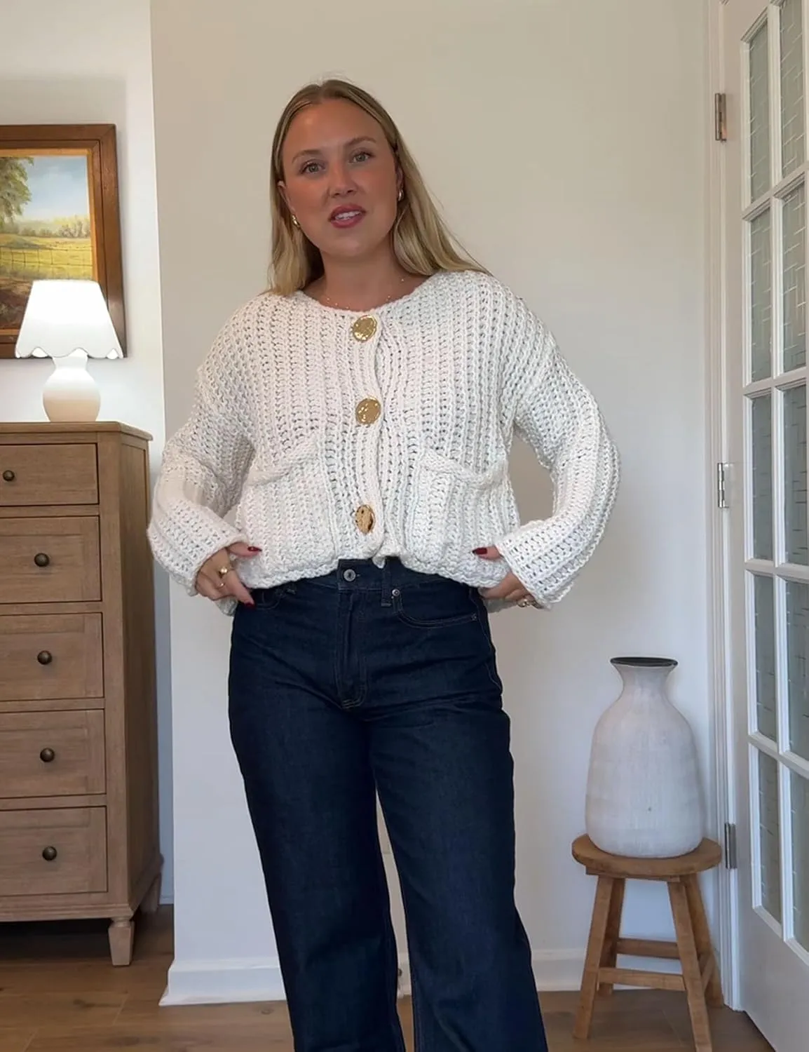 Flygo Cropped Cardigan Sweaters for Women Long Sleeve Cable Knit Cardigan Open Front Chunky Cardigan Sweaters with Pockets