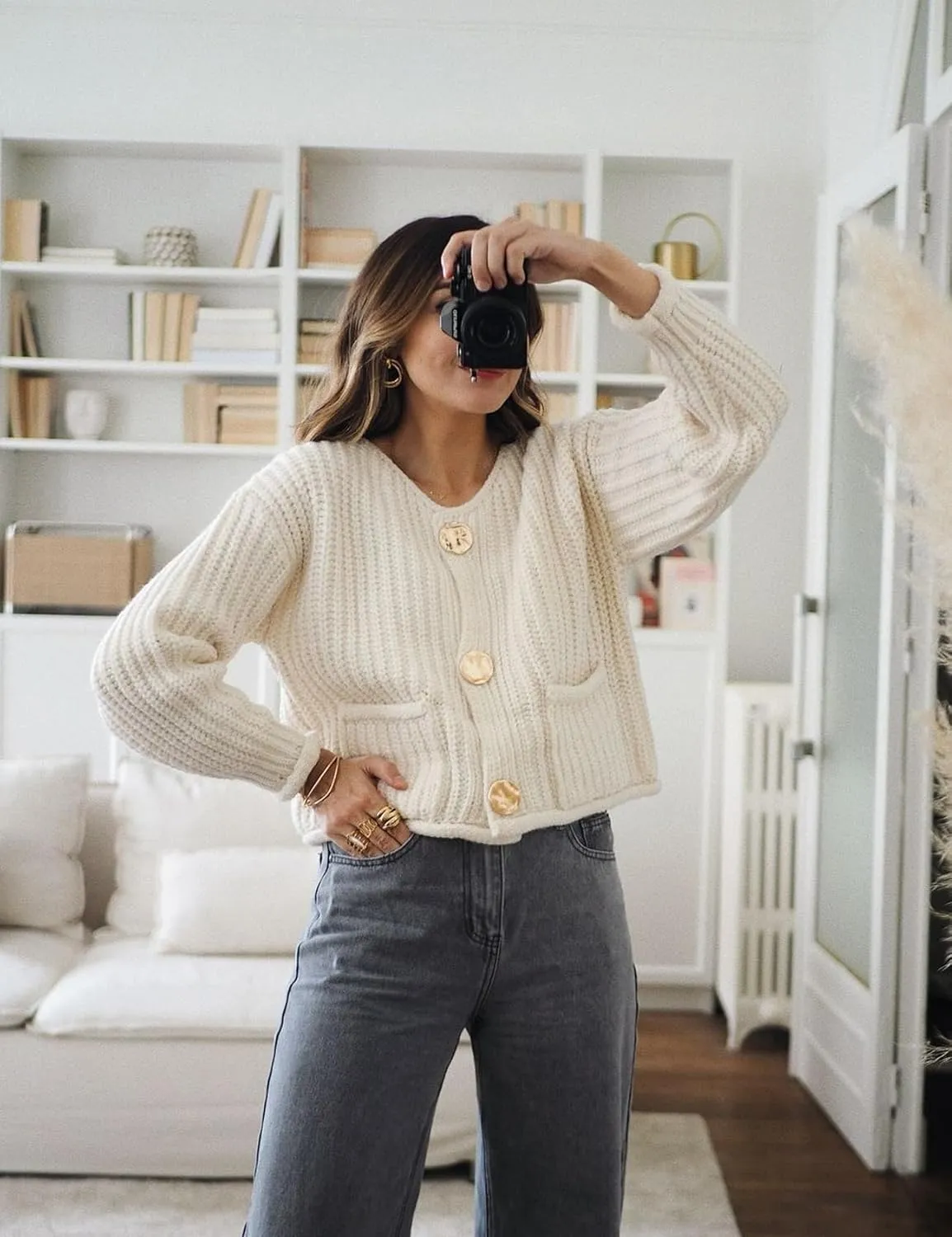 Flygo Cropped Cardigan Sweaters for Women Long Sleeve Cable Knit Cardigan Open Front Chunky Cardigan Sweaters with Pockets