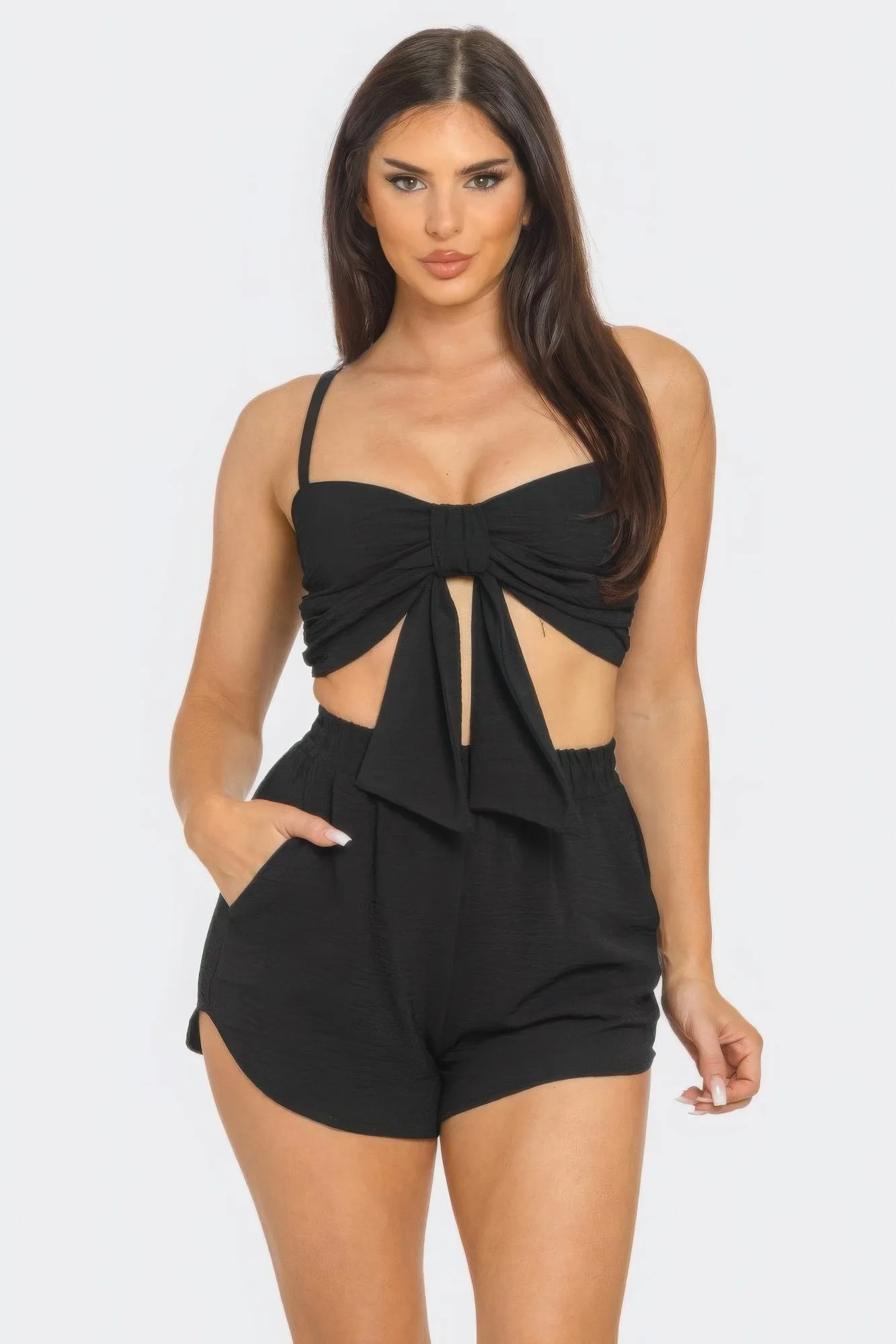 Front Oversized Bow Twisted Tie Top And Shorts Outfit Set