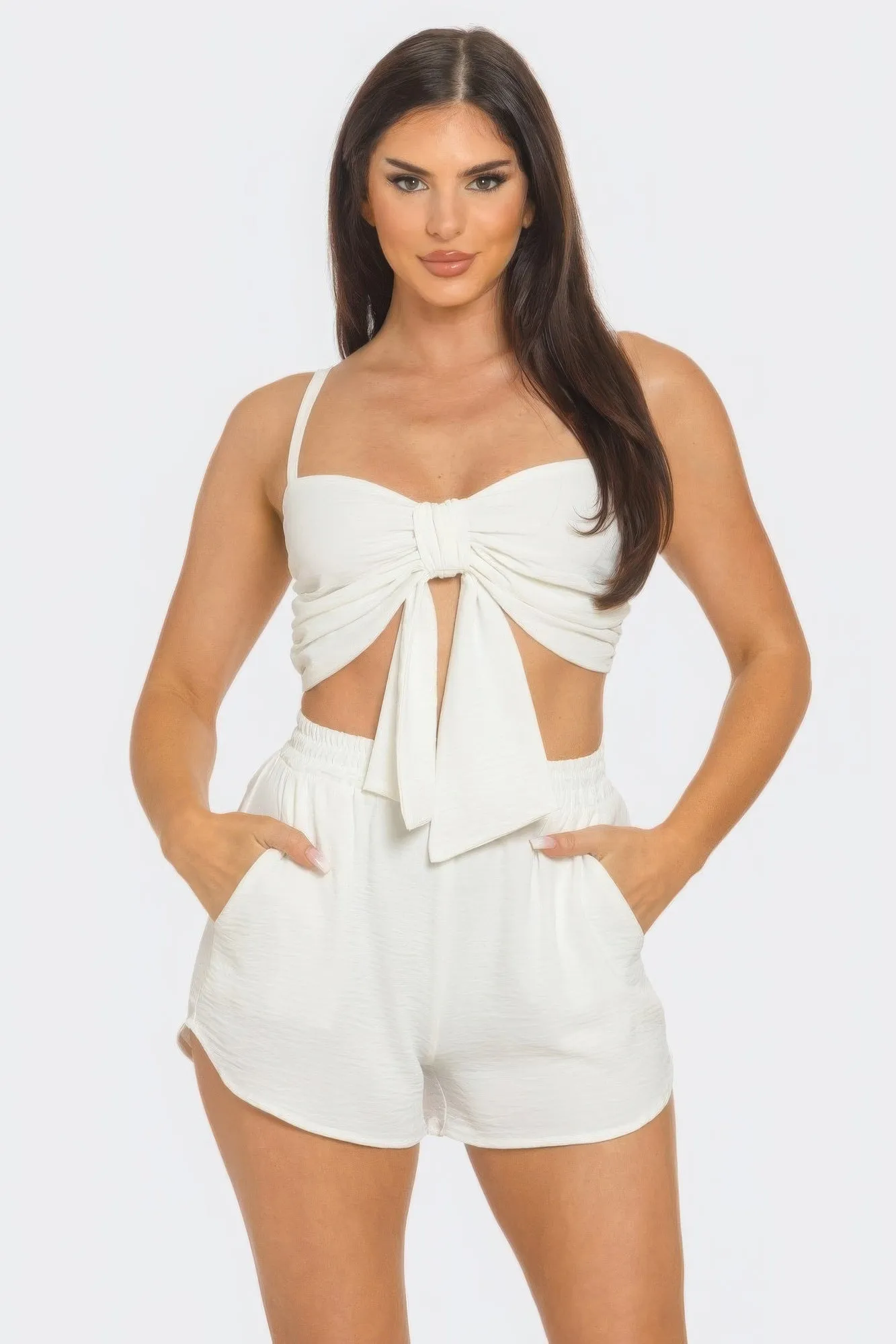 Front Oversized Bow Twisted Tie Top And Shorts Outfit Set
