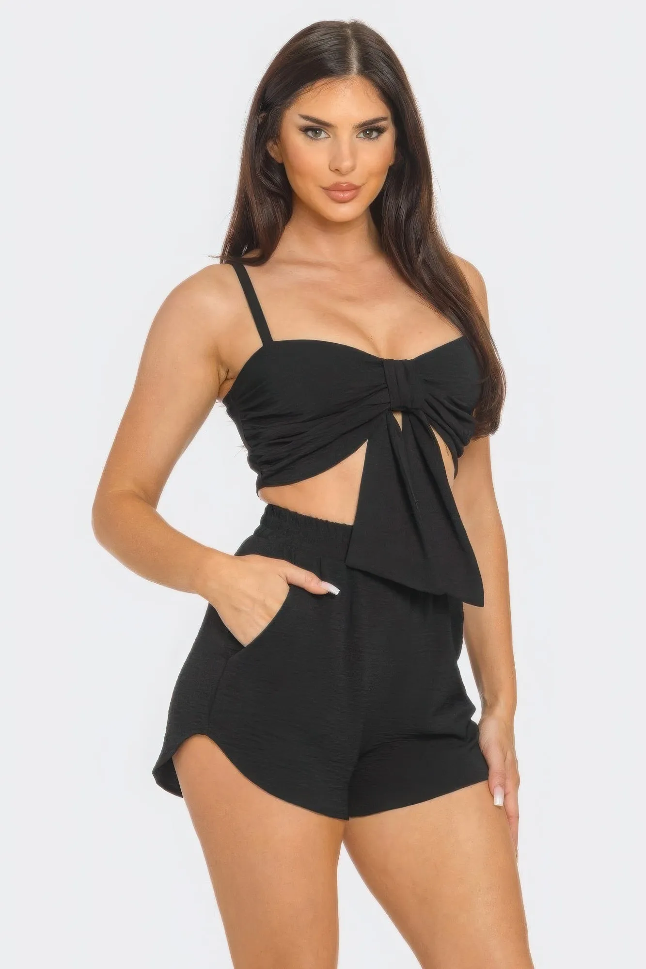 Front Oversized Bow Twisted Tie Top And Shorts Outfit Set