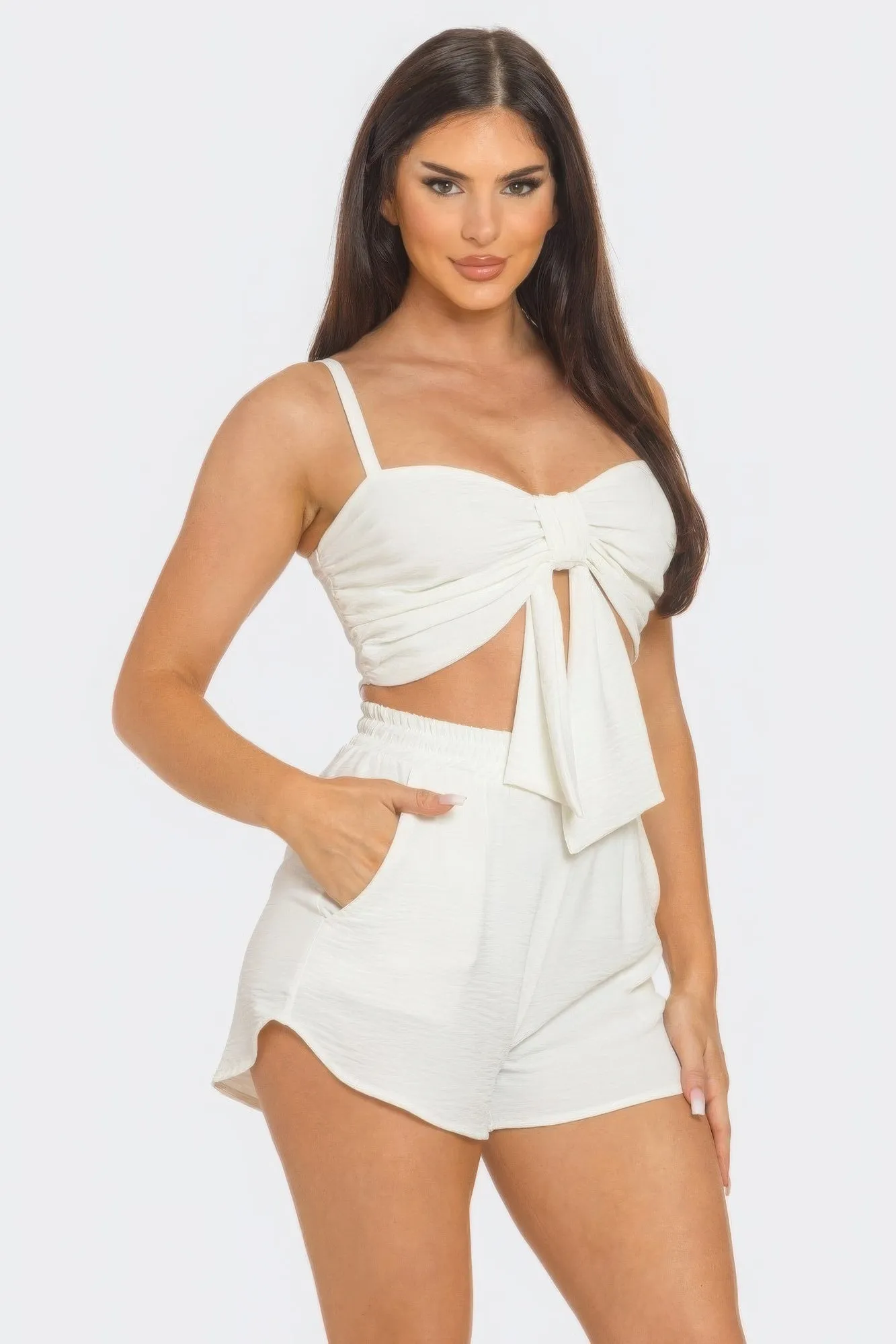 Front Oversized Bow Twisted Tie Top And Shorts Outfit Set