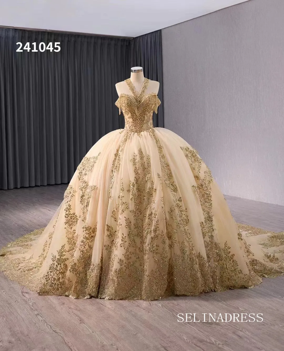 Gold Beaded Wedding Dress Halter Neck Quinceanera Dress 241045