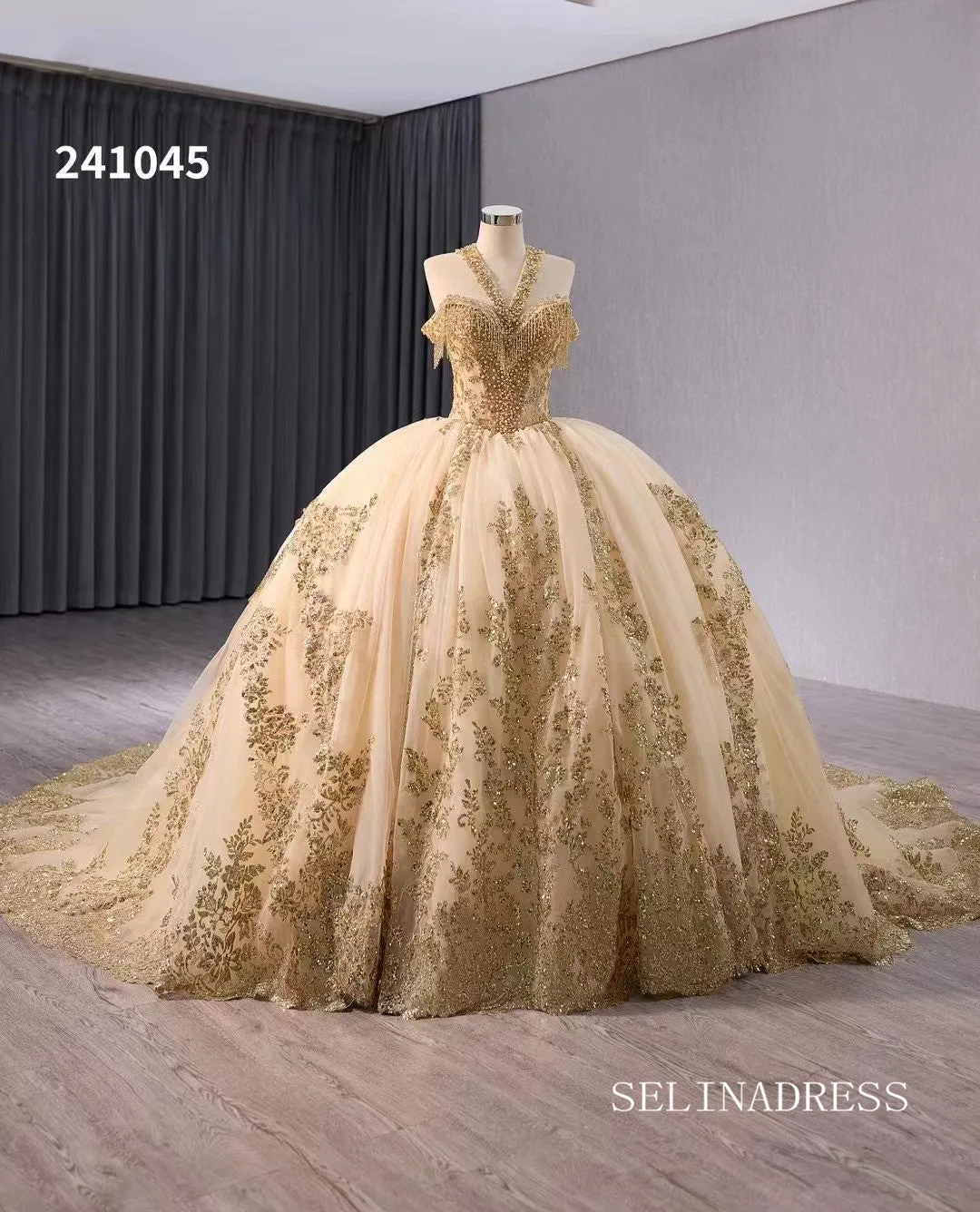 Gold Beaded Wedding Dress Halter Neck Quinceanera Dress 241045