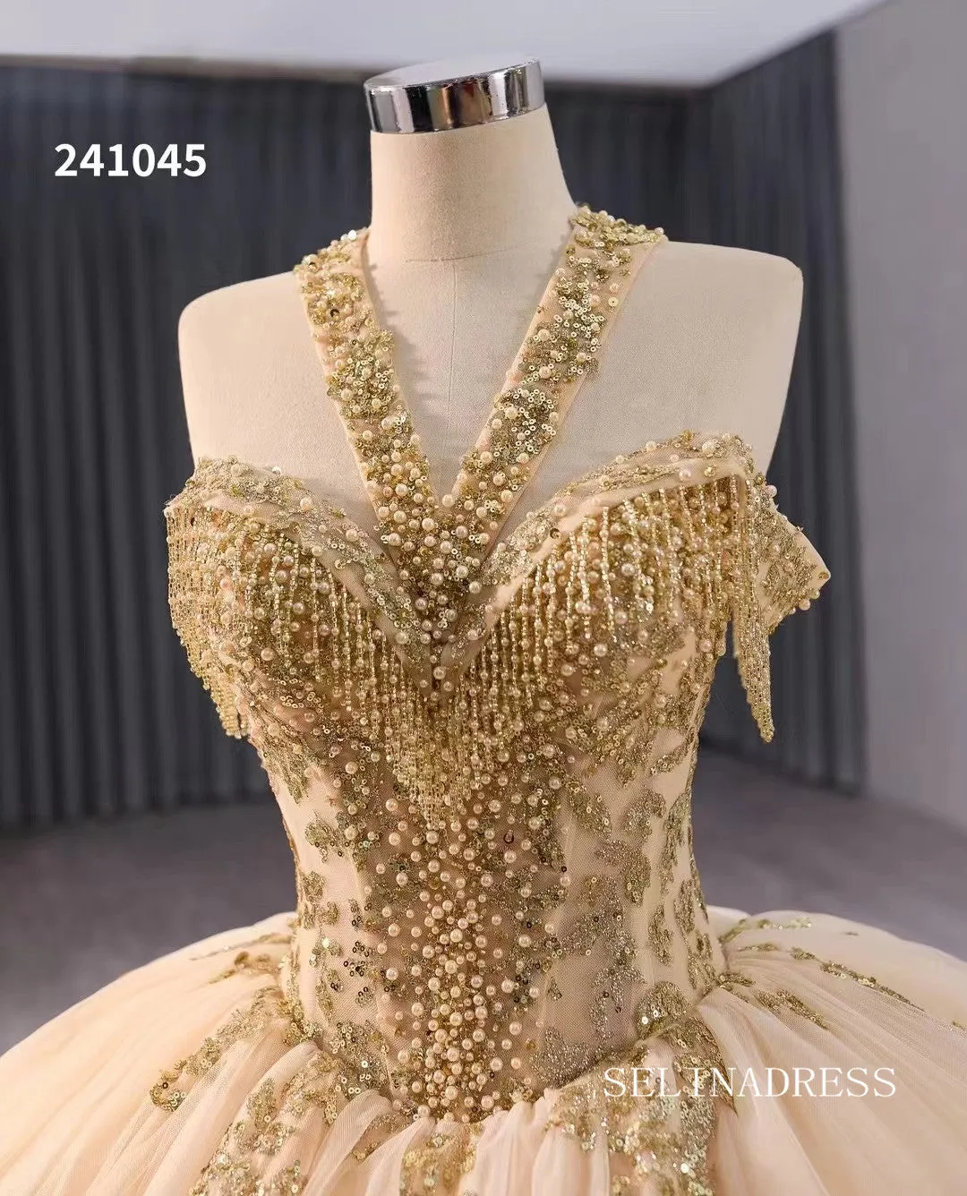 Gold Beaded Wedding Dress Halter Neck Quinceanera Dress 241045