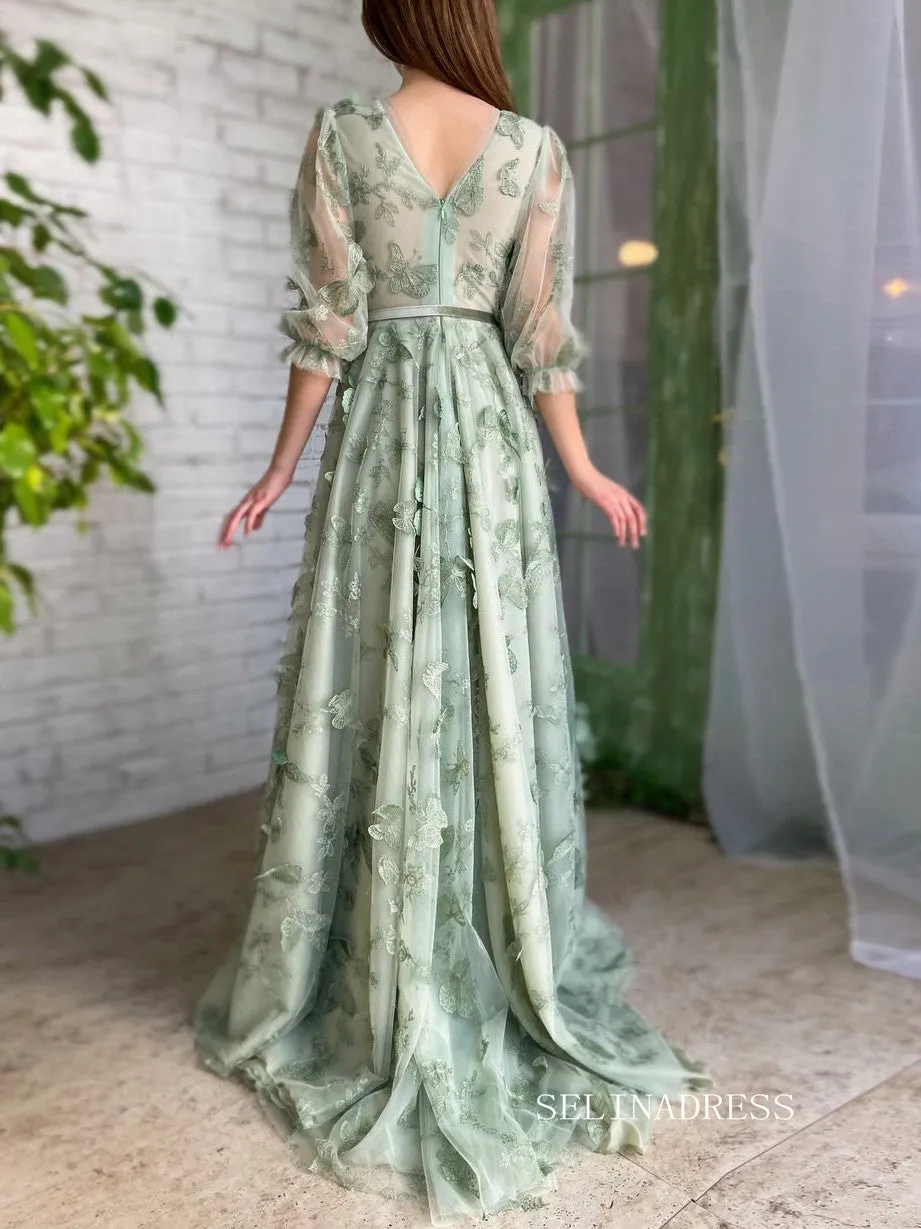 Green A-Line Dress With V-neck Belt Butterflies Beautiful Prom Dress Gorgeous Formal Dress #LPO003