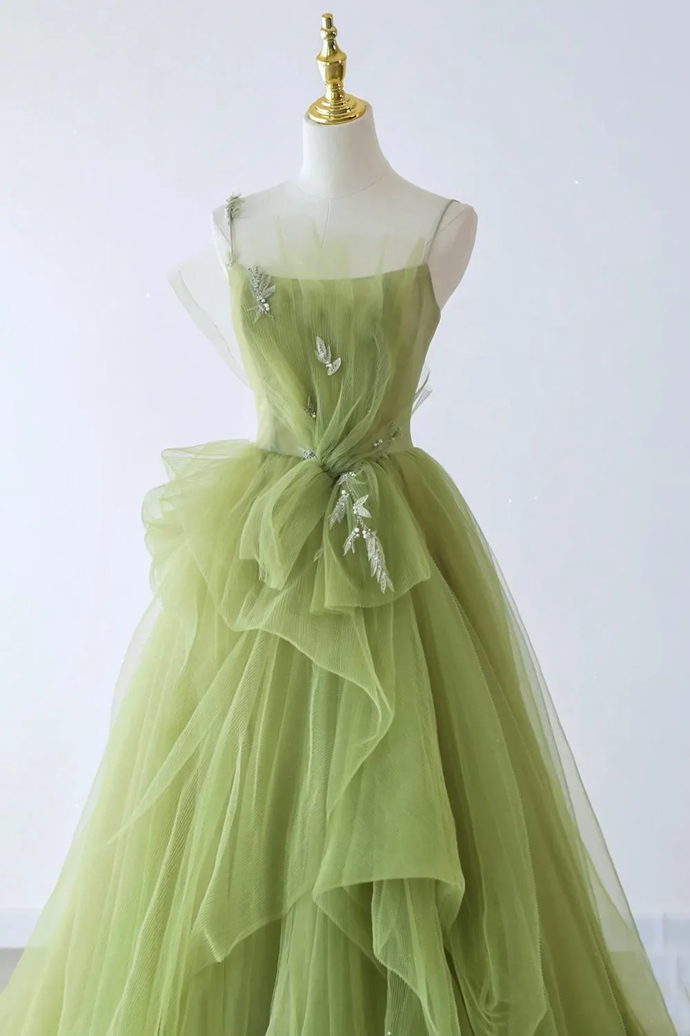 Green Spaghetti Strap Tulle Long Formal Evening Dress Green A-Line Prom Dress