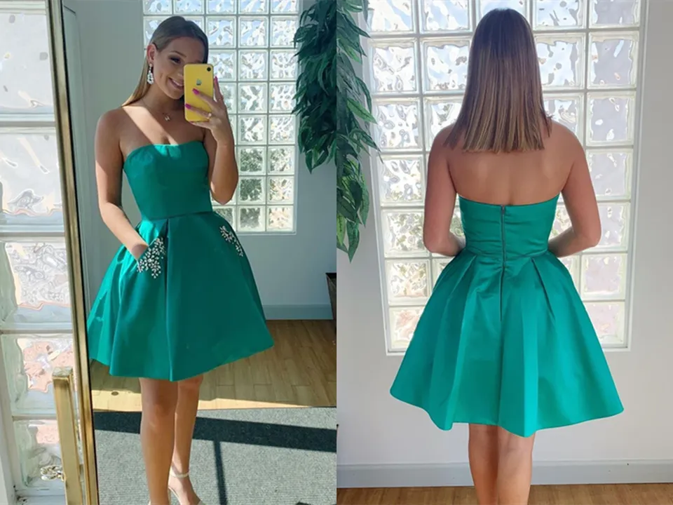 Kateprom Strapless Open Back Green Short Prom Dresses with Pocket, Open Back Green Homecoming Dresses, Short Green Formal Evening Dresses KPP1434