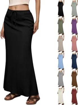 Linen Flared Maxi Skirt with Back Slit 2025 Trendy Elastic Waist Drawstring Long Flowy Ankle-Length Skirt