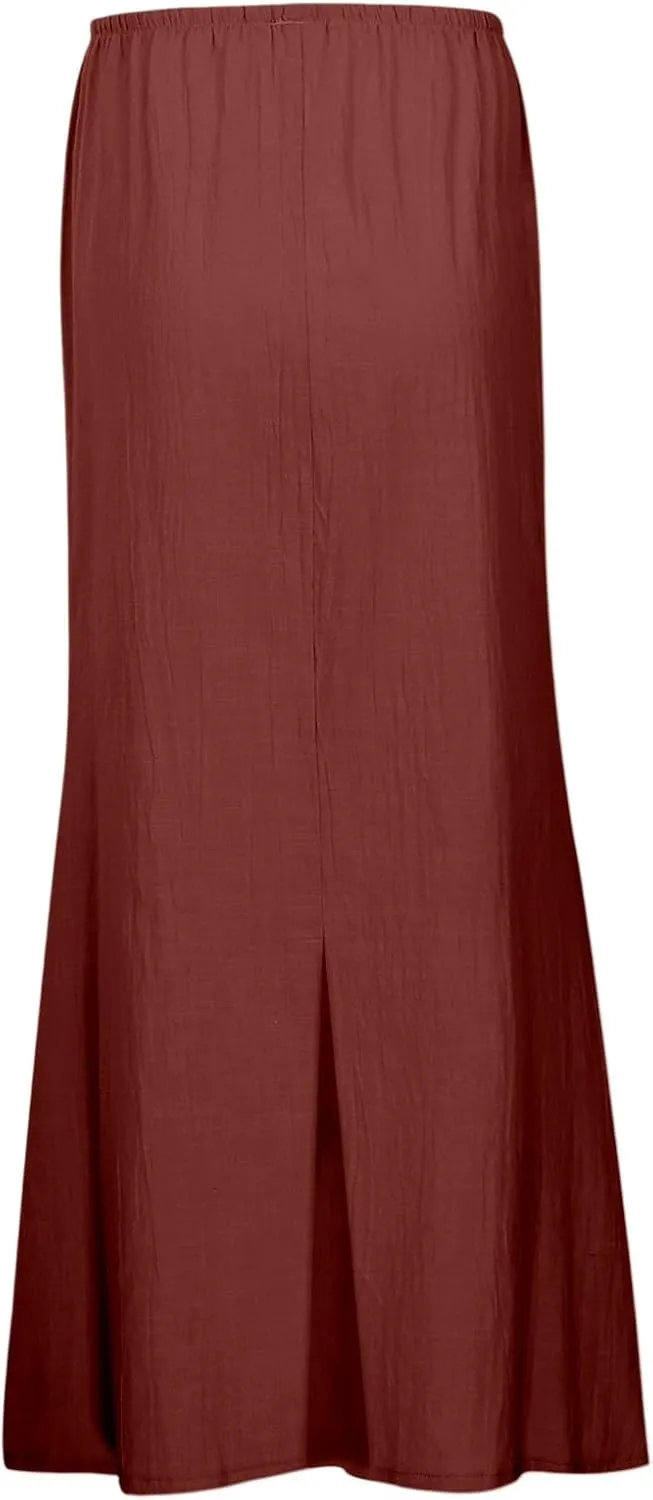 Linen Flared Maxi Skirt with Back Slit 2025 Trendy Elastic Waist Drawstring Long Flowy Ankle-Length Skirt