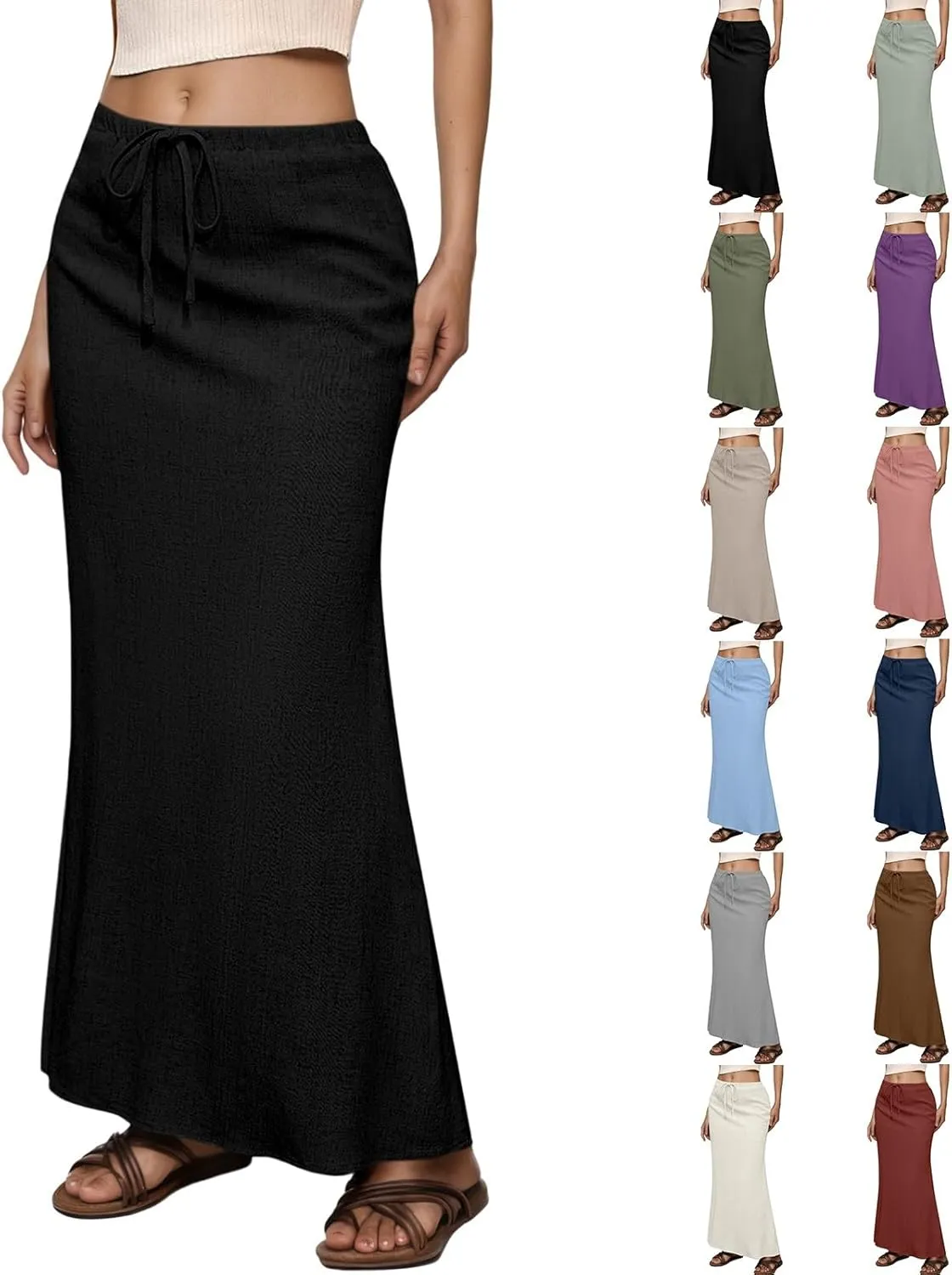 Linen Flared Maxi Skirt with Back Slit 2025 Trendy Elastic Waist Drawstring Long Flowy Ankle-Length Skirt
