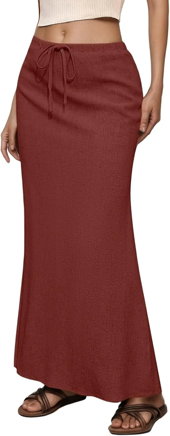 Linen Flared Maxi Skirt with Back Slit 2025 Trendy Elastic Waist Drawstring Long Flowy Ankle-Length Skirt