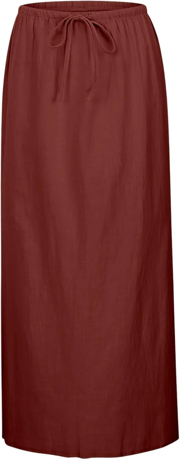 Linen Flared Maxi Skirt with Back Slit 2025 Trendy Elastic Waist Drawstring Long Flowy Ankle-Length Skirt