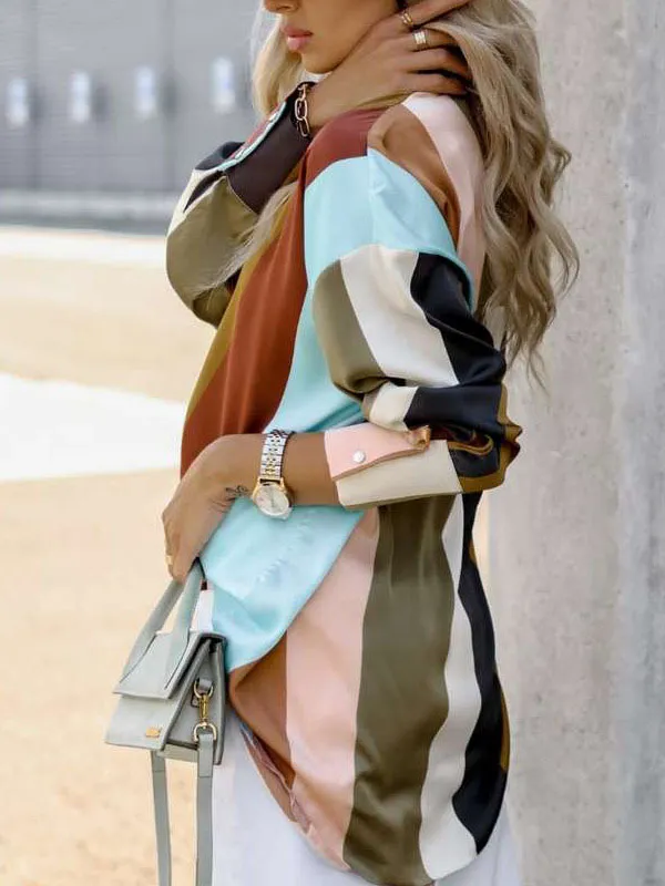 Long Sleeves Loose Contrast Color Printed Lapel Blouses