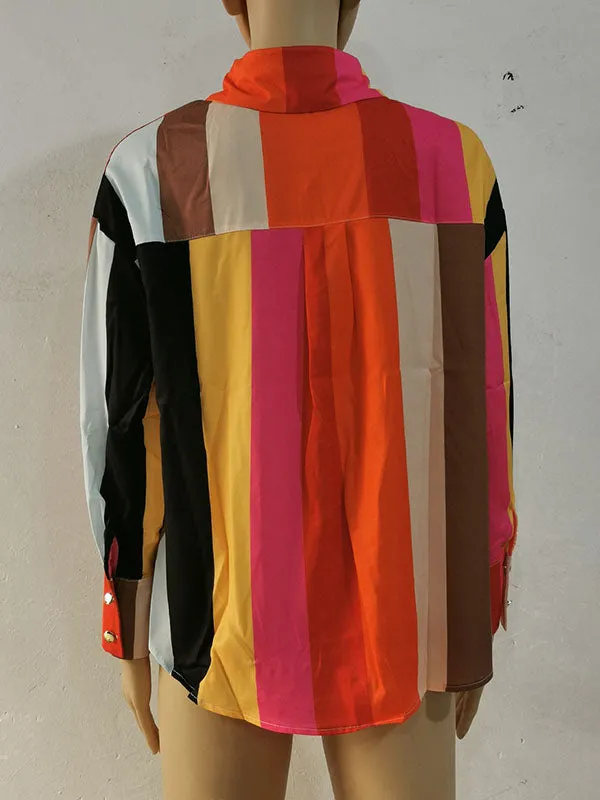 Long Sleeves Loose Contrast Color Printed Lapel Blouses