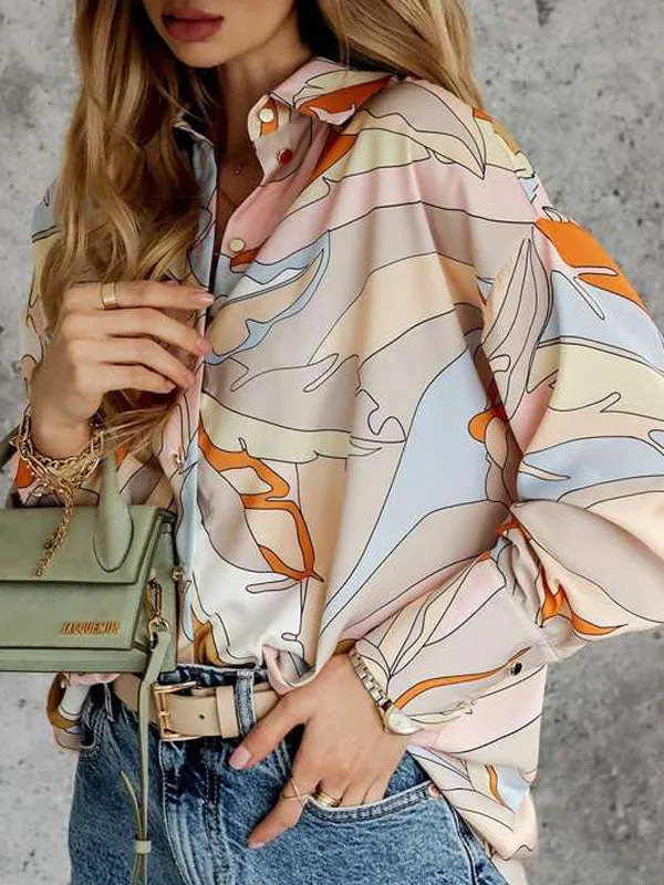 Long Sleeves Loose Contrast Color Printed Lapel Blouses