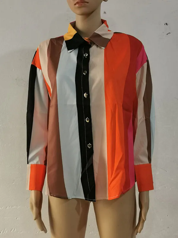 Long Sleeves Loose Contrast Color Printed Lapel Blouses