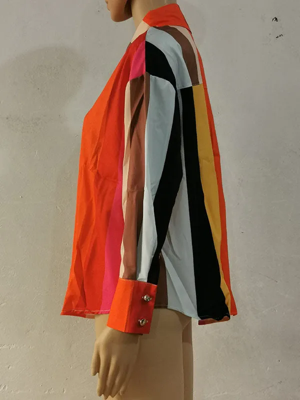 Long Sleeves Loose Contrast Color Printed Lapel Blouses
