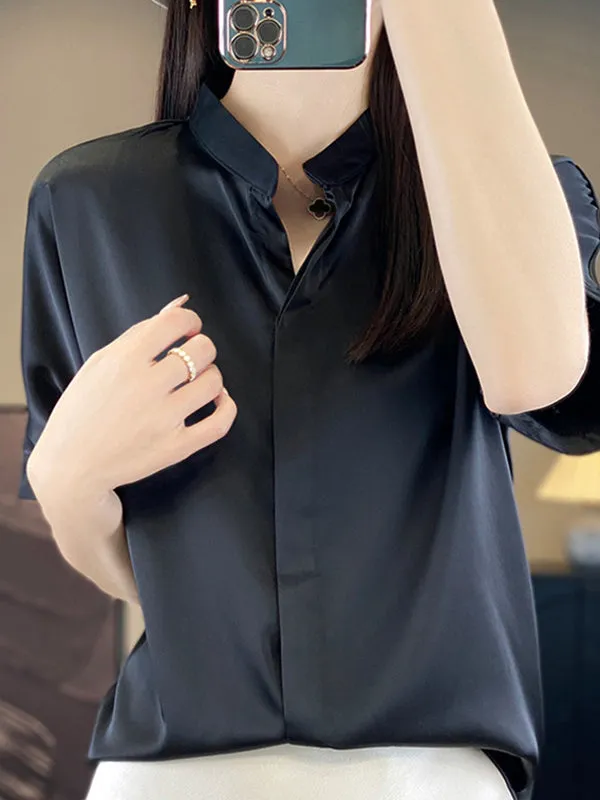 Loose Short Sleeves Buttoned Solid Color Stand Collar Blouses&Shirts Tops