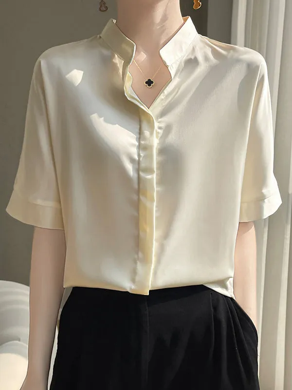 Loose Short Sleeves Buttoned Solid Color Stand Collar Blouses&Shirts Tops