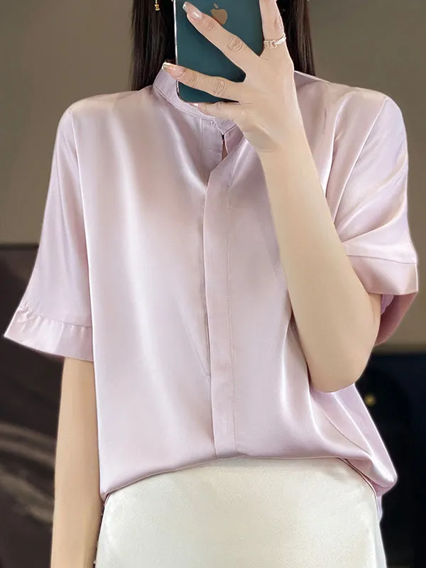 Loose Short Sleeves Buttoned Solid Color Stand Collar Blouses&Shirts Tops