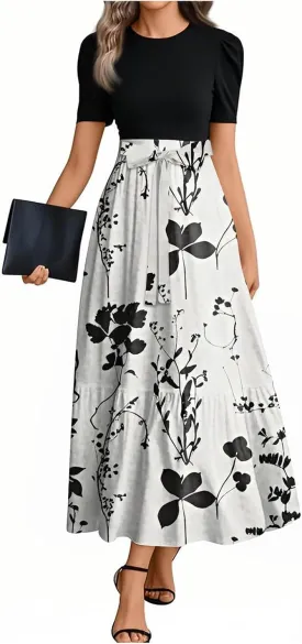 Maxi Dresses for Women 2025 Summer Tie Empire Waist Teacher Dress Casual Elegant Patchwork Flowy Ruffle Floral Dress