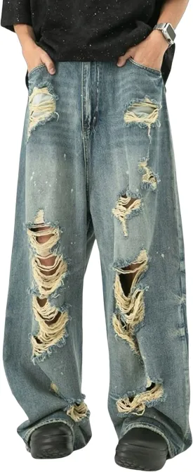 Men's Blue Baggy Y2K Vintage Ripped Denim Pants Hip Hop Skater Jeans Streetwear Wide Leg Ripped Jeans